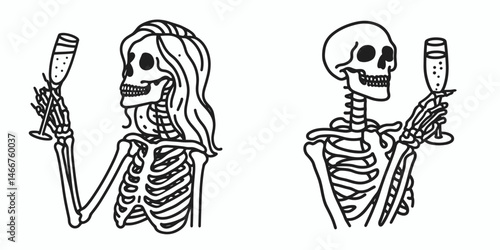 Female Skeleton toasting with champagne. girl messy bun Outline Clipart ink line art doodle vector illustration. Lady bone raising bubbly glass celebratory human anatomy beverage cheer.