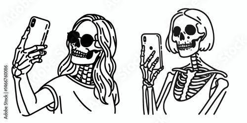 Female Skeleton taking a selfie. girl with messy bun Outline Clipart ink line art doodle vector illustration. Bony woman captures self-portrait halloween digital image anatomical still.