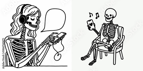 Female Skeleton sharing their favorite songs. girl with messy bun Outline Clipart ink line art doodle vector illustration. Bony dame vocal listing a skeletal unveils preferred music tracks.