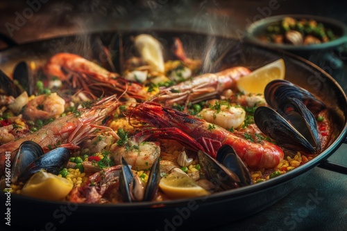 Close up view of a delicious and steaming paella, filled with fresh seafood and lemon.