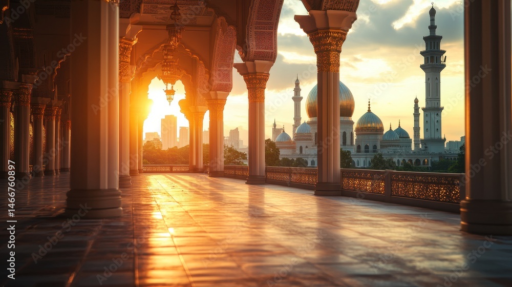Malaysia Mosque in Kuala Lumpur. Beautiful Sunset Light Framing Islamic Symbol