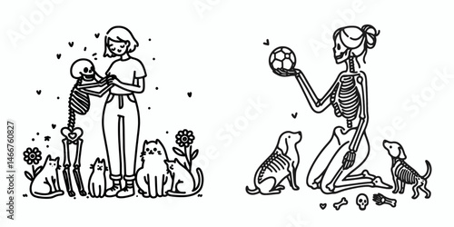 Female Skeleton playing with pets. girl messy bun Outline Clipart ink line art doodle vector illustration. Bony woman enjoying companionship tame creature domestic animal affection.