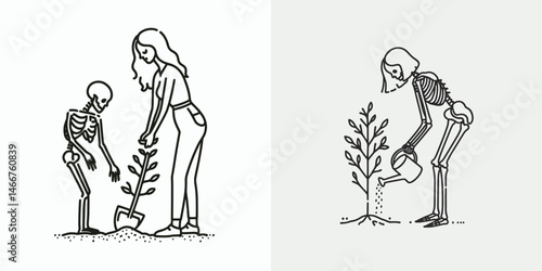 Female Skeleton planting a tree. girl with messy bun Outline Clipart ink line art doodle vector illustration. Skeletal woman sowing sapling bone figure fostering arbor new growth.