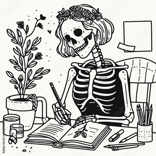 Female Skeleton making a scrapbook. girl with messy bun Outline Clipart ink line art doodle vector illustration. Bony woman crafting memoir album artistic mortuary artwork activity.