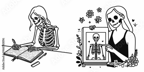 Female Skeleton making a scrapbook. girl with messy bun Outline Clipart ink line art doodle vector illustration. Bony woman crafting memoir album paper memorabilia remembrance notion.
