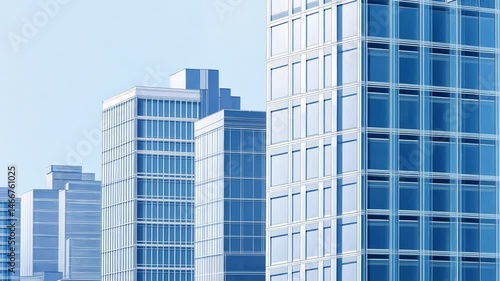 Modern Cityscape Animation with Blue Glass Buildings and Clear Sky, Architectural Visualization