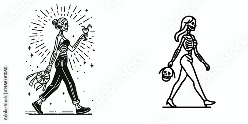 Female Skeleton going to a carnival. girl with messy bun Outline Clipart ink line art doodle vector illustration. Bone woman visits funfair macabre revelry lively festival occasion.