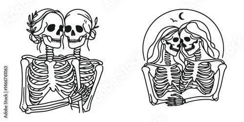 Female Skeleton holding each other close. girl with messy bun Outline Clipart ink line art doodle vector illustration. Feminine bony figure embracing united in affection human anatomy.