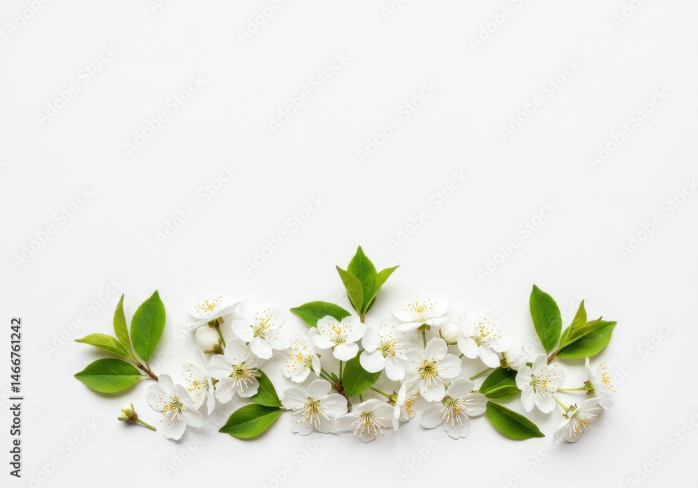 Obraz premium White cherry blossoms and green leaves arranged on a white surface with negative space above for text or design