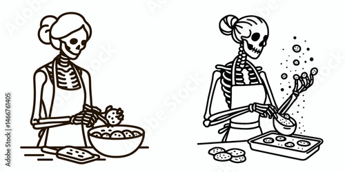 Female Skeleton baking cookies. girl with messy bun Outline Clipart ink line art doodle vector illustration. Womans bony structure crafting pastry treat spooky theme.