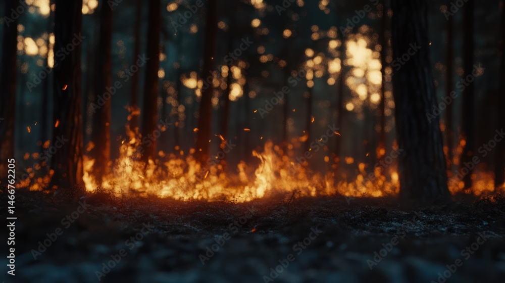 Forest fire burning at sunset, nature disaster Forest fire burning at sunset, nature disaster