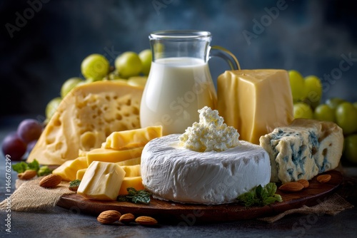 Assortment of delicious cheeses, grapes, milk, and nuts arranged beautifully on a board.