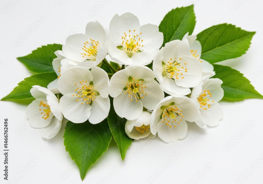 Obraz premium Close-up of jasmine flowers with green leaves arranged on a white surface in a studio
