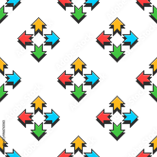 Seamless pattern of colorful pointer arrows. Pixel retro illustration on white background