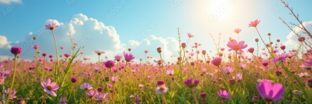 Sun-drenched field of wildflowers, soft pink and purple hues against clear blue sky , color, flower meadow, countryside Sun-drenched field of wildflowers, soft pink and purple hues against clear blue sky , color, flower meadow, countryside