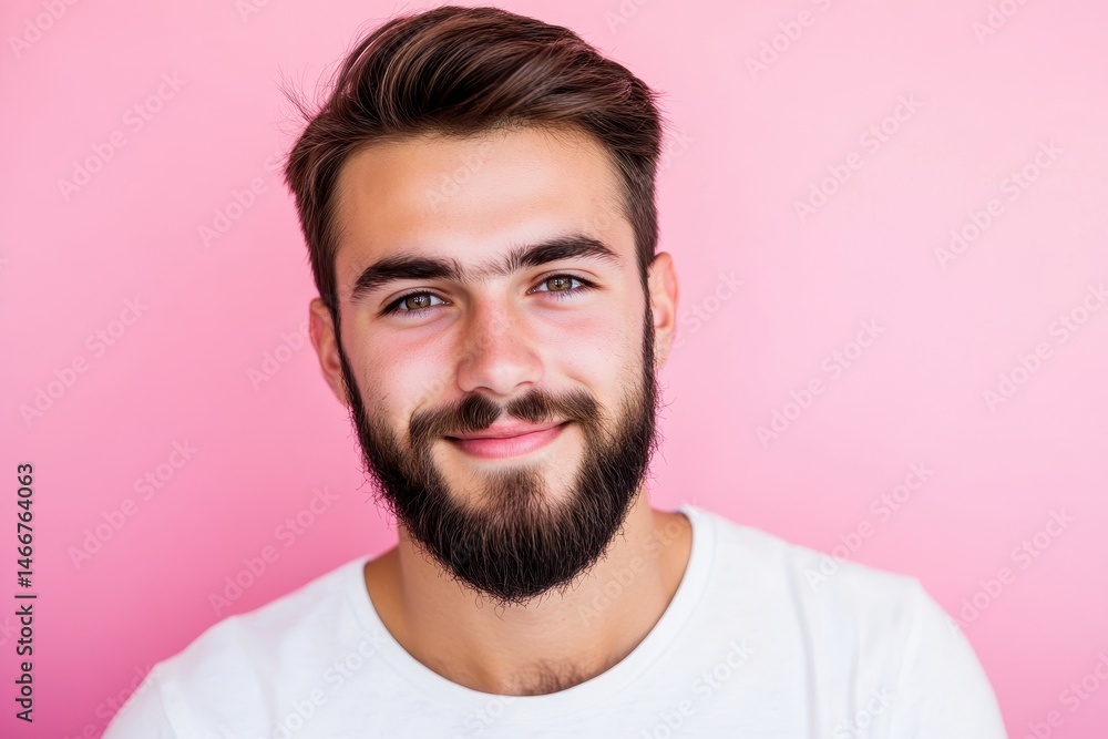 Man on Solid Background. Close-up Portrait of Calm Smiling Adult Male in White Shirt, Isolated on Pink Studio Background