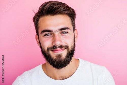 Obraz na płótnie Man on Solid Background. Close-up Portrait of Calm Smiling Adult Male in White Shirt, Isolated on Pink Studio Background w salonie