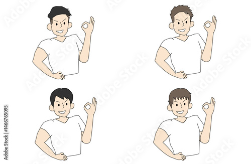 OKポーズをする４人のイケメンマッチョのイラストセット