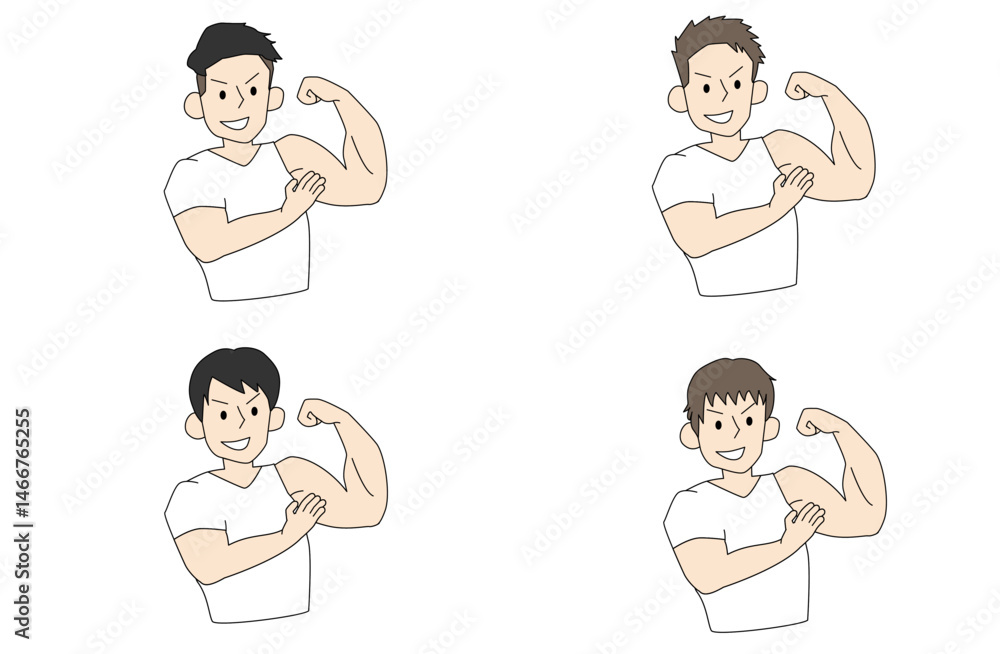 筋肉を自慢するイケメンマッチョ4人のイラストセット 筋肉を自慢するイケメンマッチョ4人のイラストセット
