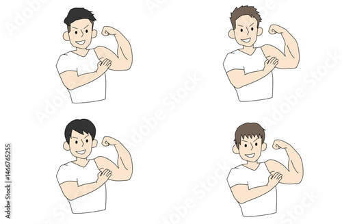 筋肉を自慢するイケメンマッチョ４人のイラストセット