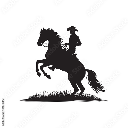 Cowboy on Rearing Horse Vector Silhouette, Western Action, Cowboy Spirit, Horseback Riding, Rustic Adventure, Western Heritage, Country Life.
