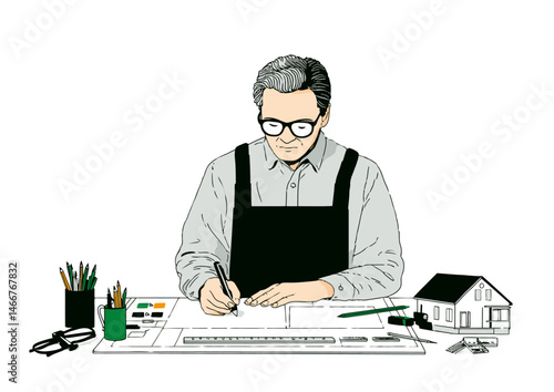 Architect sketching a blueprint, technical vector illustration with grid lines and drafting tools