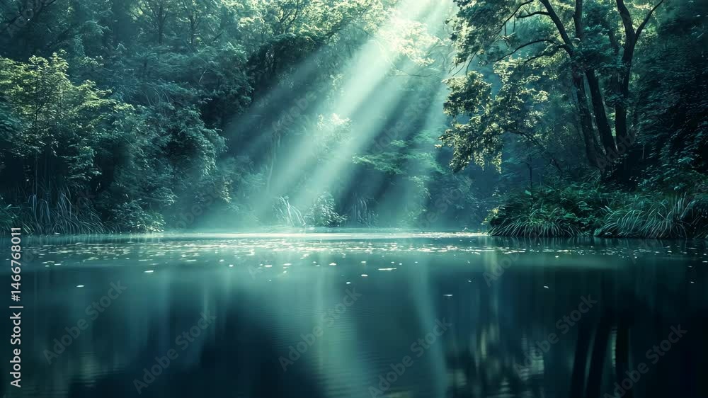 custom made wallpaper toronto digitalSunbeams pierce a tranquil, misty forest lake, reflecting in calm waters, creating a serene, mystical atmosphere