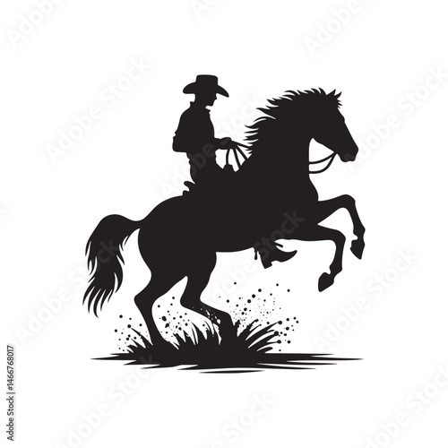Cowboy on Rearing Horse Vector Silhouette, Western Action, Cowboy Spirit, Horseback Riding, Rustic Adventure, Western Heritage, Country Life.
