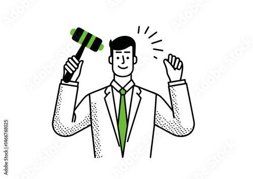 Auctioneer holding a gavel, stylized vector art with exaggerated gestures, bold typography