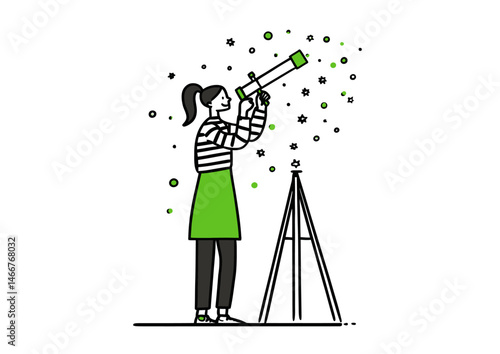 Astronomer looking through a telescope, cosmic vector illustration with star clusters and lens flares