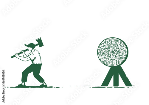 Axe thrower releasing a spinning blade, dynamic vector art with motion blur, wooden target
