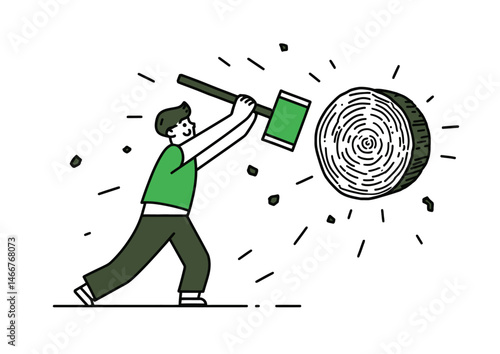 Axe thrower releasing a spinning blade, dynamic vector art with motion blur, wooden target