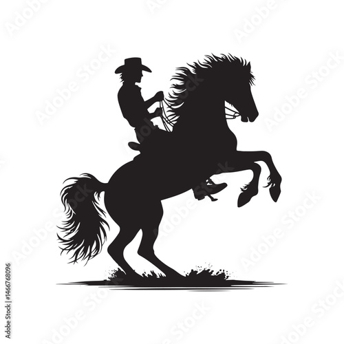 Cowboy on Rearing Horse Vector Silhouette, Western Action, Cowboy Spirit, Horseback Riding, Rustic Adventure, Western Heritage, Country Life.

