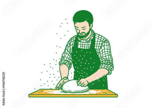 Baker kneading dough, warm vector illustration with flour dust and apron creases