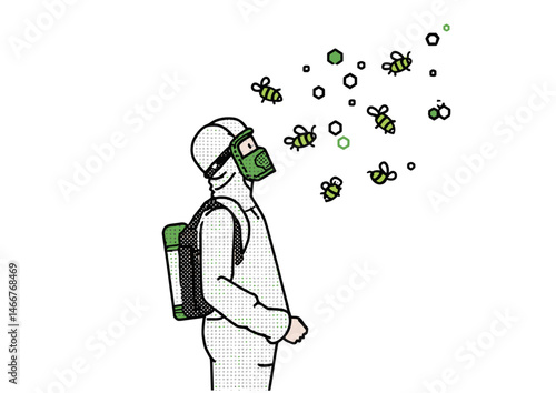 Beekeeper in a protective suit, detailed vector illustration with honeycomb patterns, buzzing bees