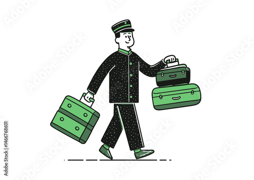 Bellhop carrying luggage, playful vector design with exaggerated proportions, shiny buttons