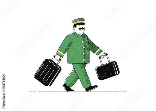Bellhop carrying luggage, playful vector design with exaggerated proportions, shiny buttons