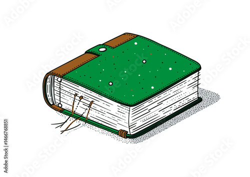 Bookbinder stitching pages, vintage vector illustration with leather textures, thread details