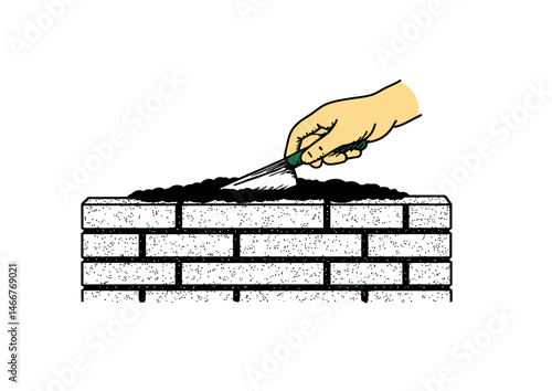 Bricklayer placing mortar, textured vector design with trowel marks and brick alignment