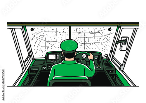 Bus driver steering the wheel, urban vector art with route map details and window reflections