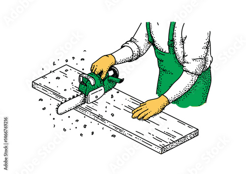 Carpenter sawing wood, textured vector art with wood shavings and tool grip details