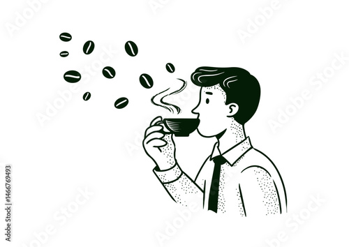 Coffee taster sipping espresso, rich vector art with steam swirls, coffee bean accents