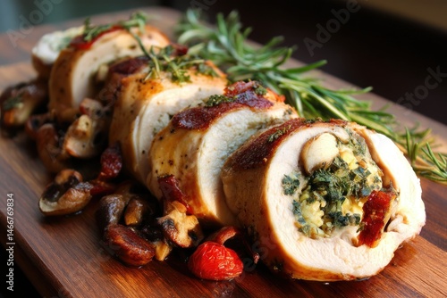 Herb-roasted chicken roulade --ar 3:2 --v 7 Job ID: f38dc423-1410-48ef-b43c-96e478d59480