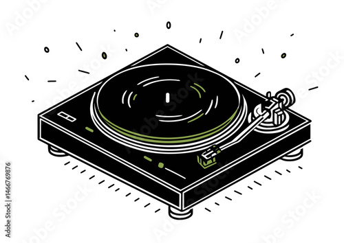 DJ spinning records, neon vector art with turntable glow and motion streaks