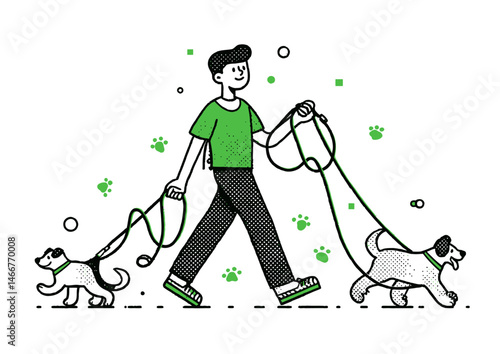 Dog walker holding multiple leashes, playful vector illustration with tangled leads and paw prints
