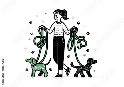 Dog walker holding multiple leashes, playful vector illustration with tangled leads and paw prints