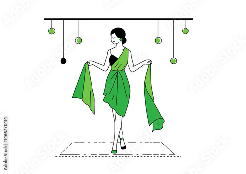 Fashion model posing on a runway, chic vector design with fabric drapes and catwalk lights
