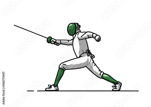 Fencer in a lunge position, dynamic vector art with foil gleam and mask mesh details