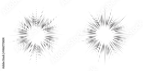 Halftone circle frame background set. Round border Icon using halftone random circle. Grunge circular stain. Vector illustration.