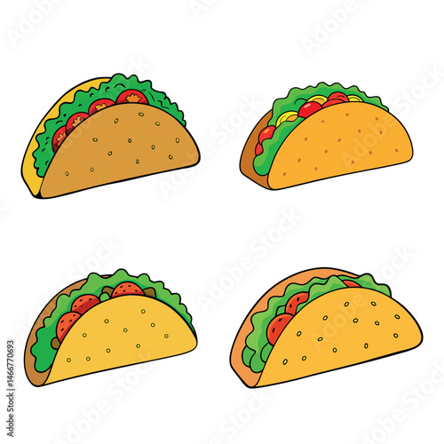 A set of colorful, highly detailed vector illustration of delicious tacos filled with seasoned meat, fresh lettuce, diced tomatoes, shredded cheese, and salsa, isolated on a clean white background